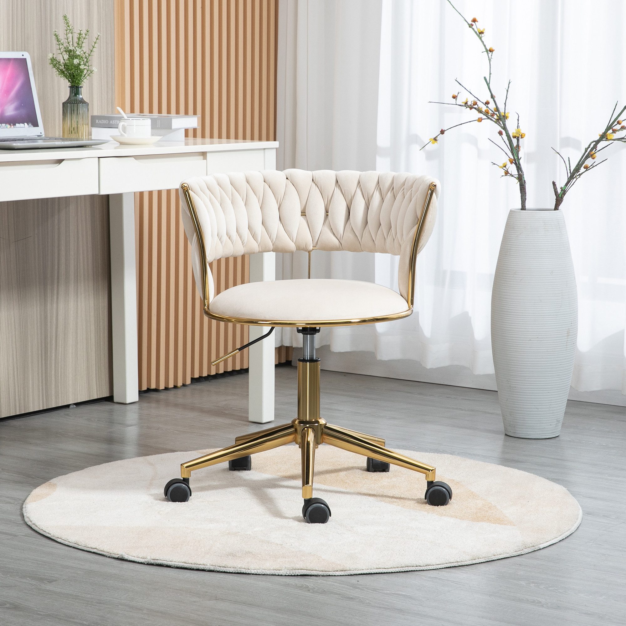 IDEASY Drehstuhl Büroschreibtisch und Stuhl aus Samt, gewebte Rückenlehne, 360° drehbar, höhenverstellbar, Arbeitsstuhl, Make-up-Stuhl