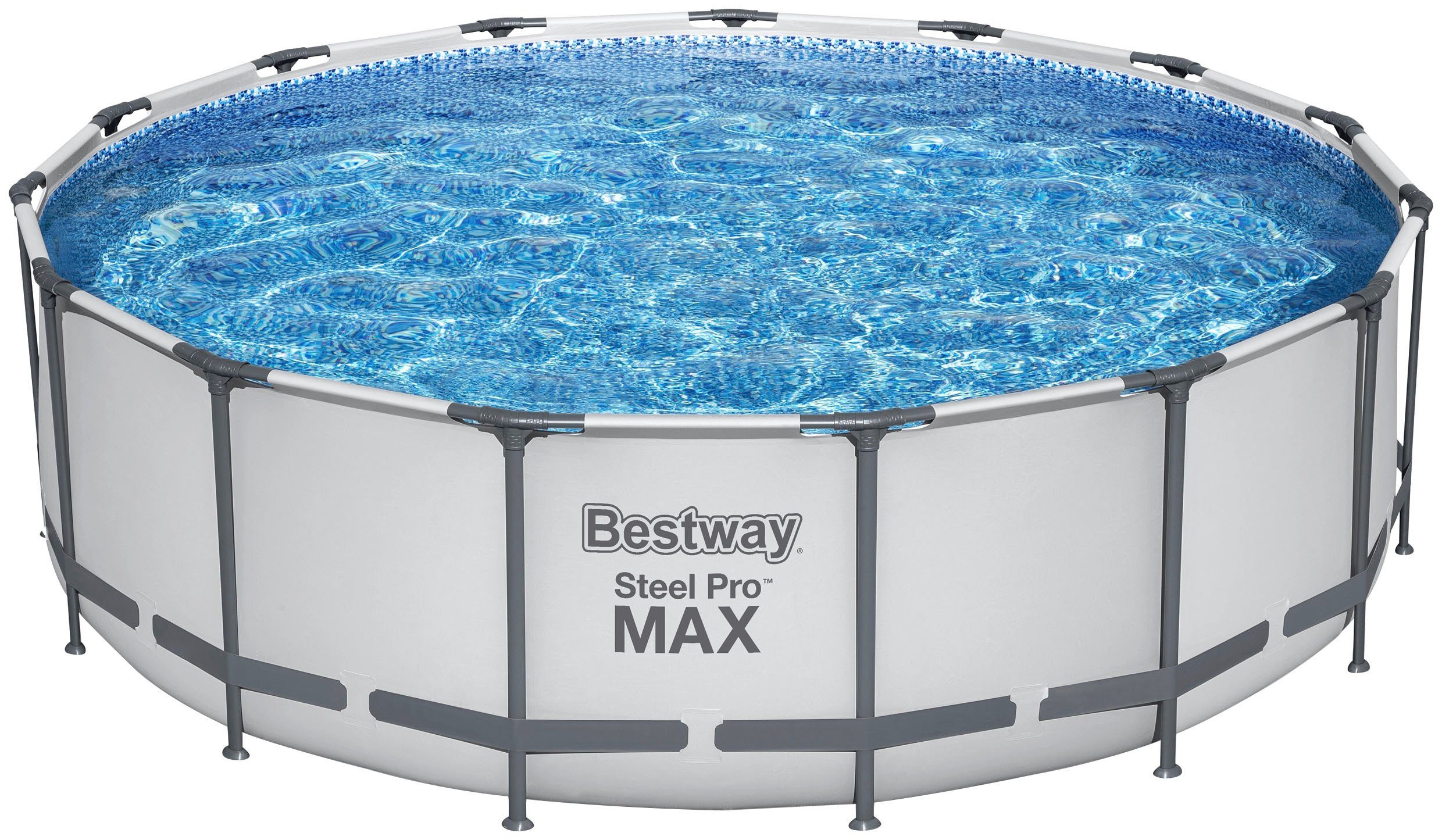 Bestway Framepool Steel Pro MAX™ (Komplett-Set), Frame Pool mit Filterpumpe Ø 457x122 cm, lichtgrau