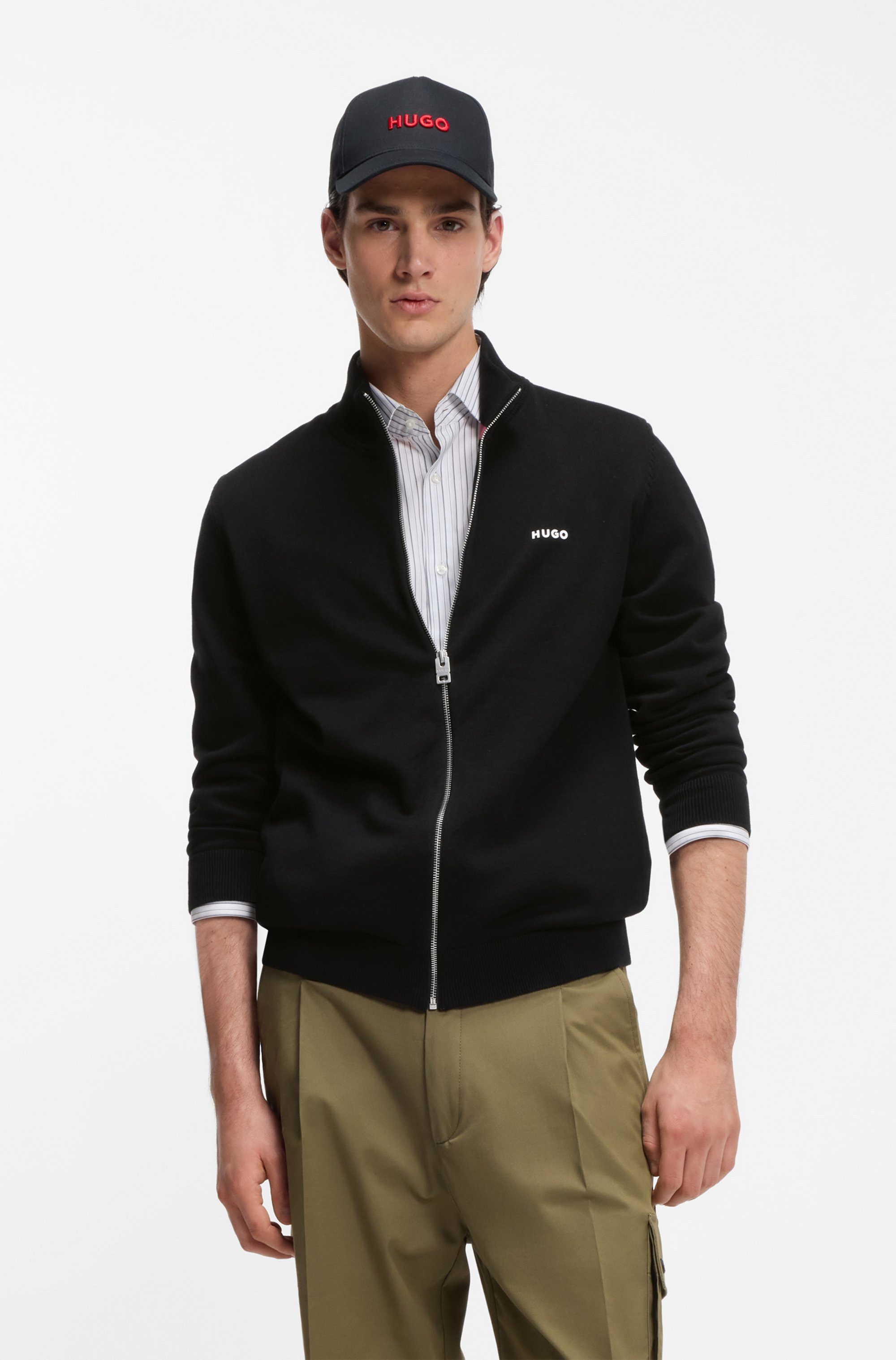 HUGO Strickjacke San Jacomo-C Stehkragen, Slim Fit, Feinstrick aus Baumwolle