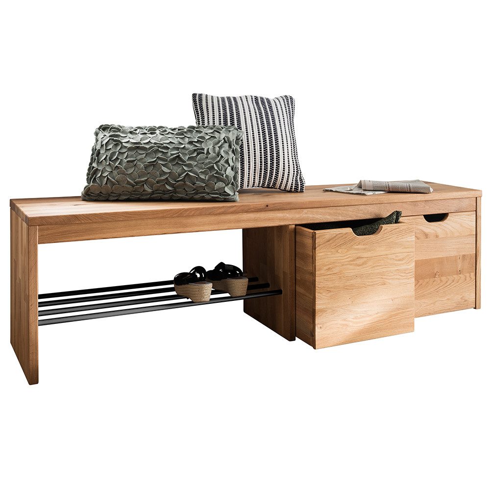 Lomadox Schuhbank CUENCA-137, 158,8 cm breit, Massivholz Wildeiche, 2 Schubkästen mit Rollen