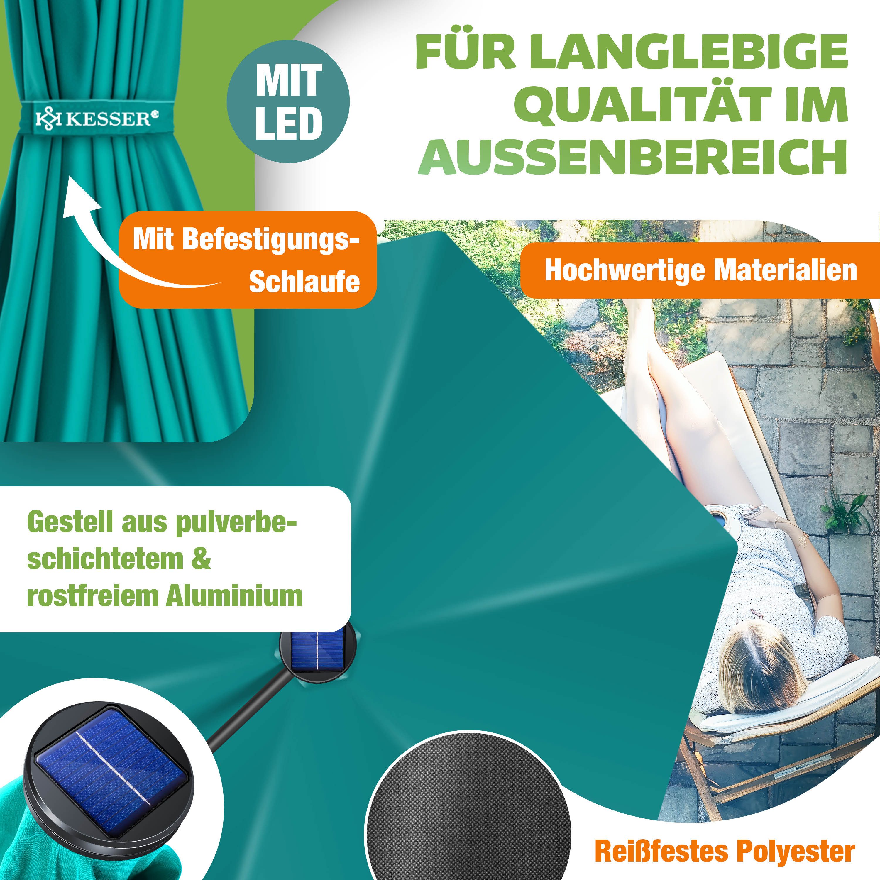KESSER Ampelschirm ⌀300cm Alu Sonnenschirm mit LED Solar Inkl. Abdeckung & Fernbedienung, Kurbelschirm mit Ständer Wasserabweisend, 360° Funktion & UV-Schutz