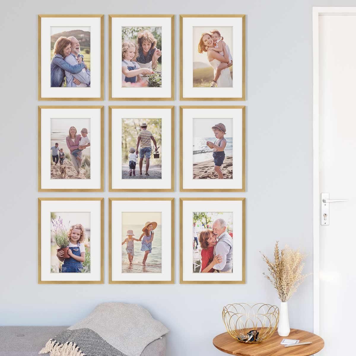 PHOTOLINI Bilderrahmen 9er Set 30x40 Schmal mit Passepartout cm Modern Gold