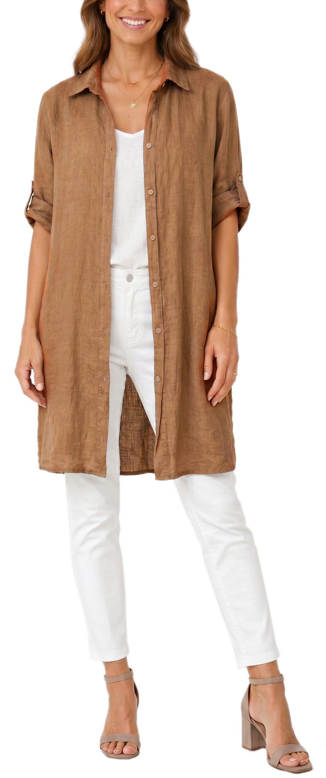 dy_mode Longbluse Damen Leinen Longbluse Sommer Hemdbluse Blusenkleid Luftige Tunika in Unifarbe, mit Knopfleiste