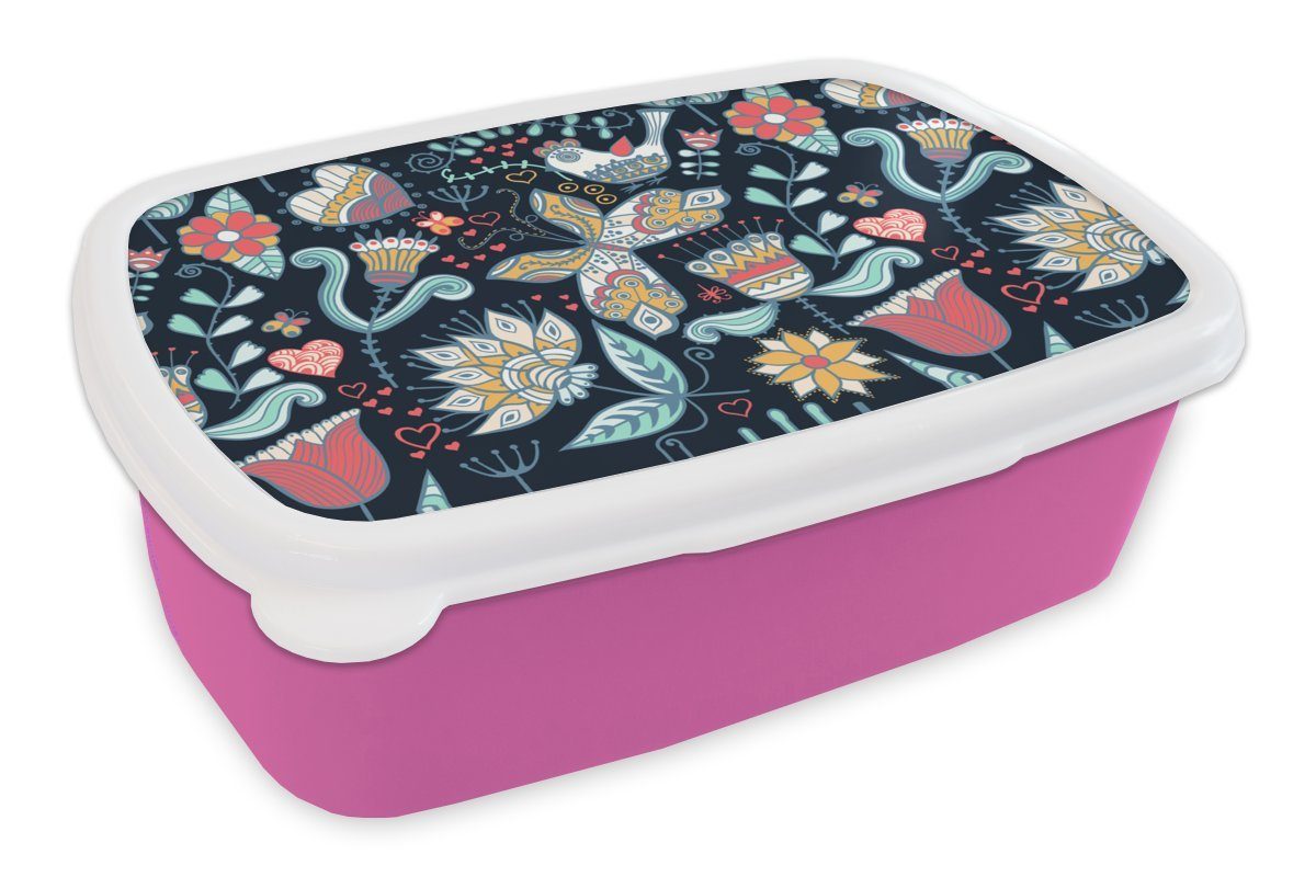 MuchoWow Lunchbox Schmetterling - Vogel - Blume - Muster, Kunststoff, (2-tlg), Brotbox für Erwachsene, Brotdose Kinder, Snackbox, Mädchen, Kunststoff rosa