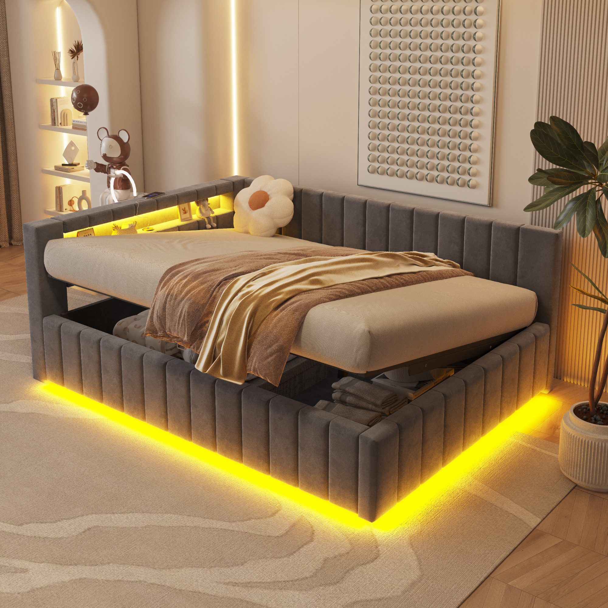 Merax Daybett 140x200 cm mit hydraulischem Stauraum (1 tlg), Polsterbett Tagesbett Schlafsofa mit LED, USB & Rückenlehne, Samt – Bild 4 von 5