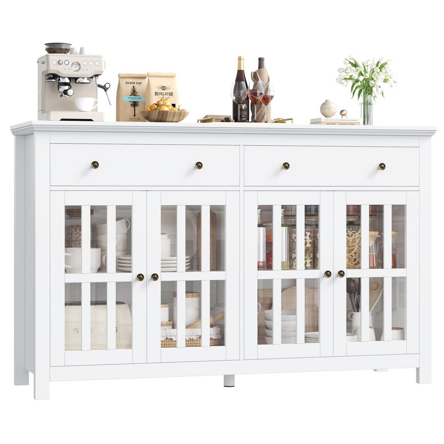 LuxusKollektion Küchenbuffet Sideboard Arbeitsplatte Schubladen Glastüren Regale 140cm Weiß