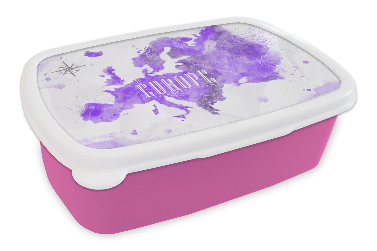 MuchoWow Lunchbox Europa - Weltkarte - Farbe, Kunststoff, (2-tlg), Brotbox für Erwachsene, Brotdose Kinder, Snackbox, Mädchen, Kunststoff rosa