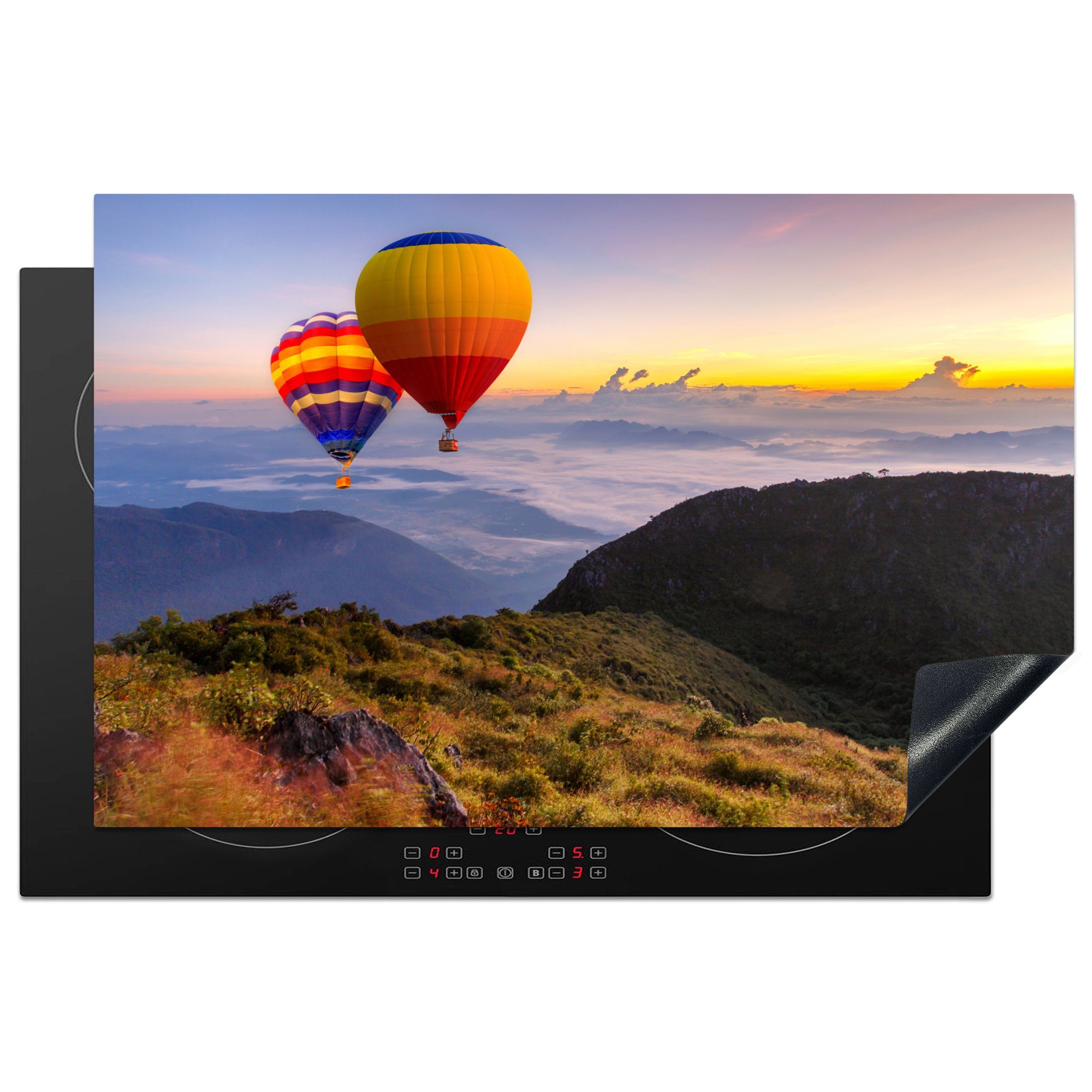 MuchoWow Herdblende-/Abdeckplatte Heißluftballon - Berg - Thailand, Vinyl, (1 tlg), 81x52 cm, Induktionskochfeld Schutz für die küche, Ceranfeldabdeckung