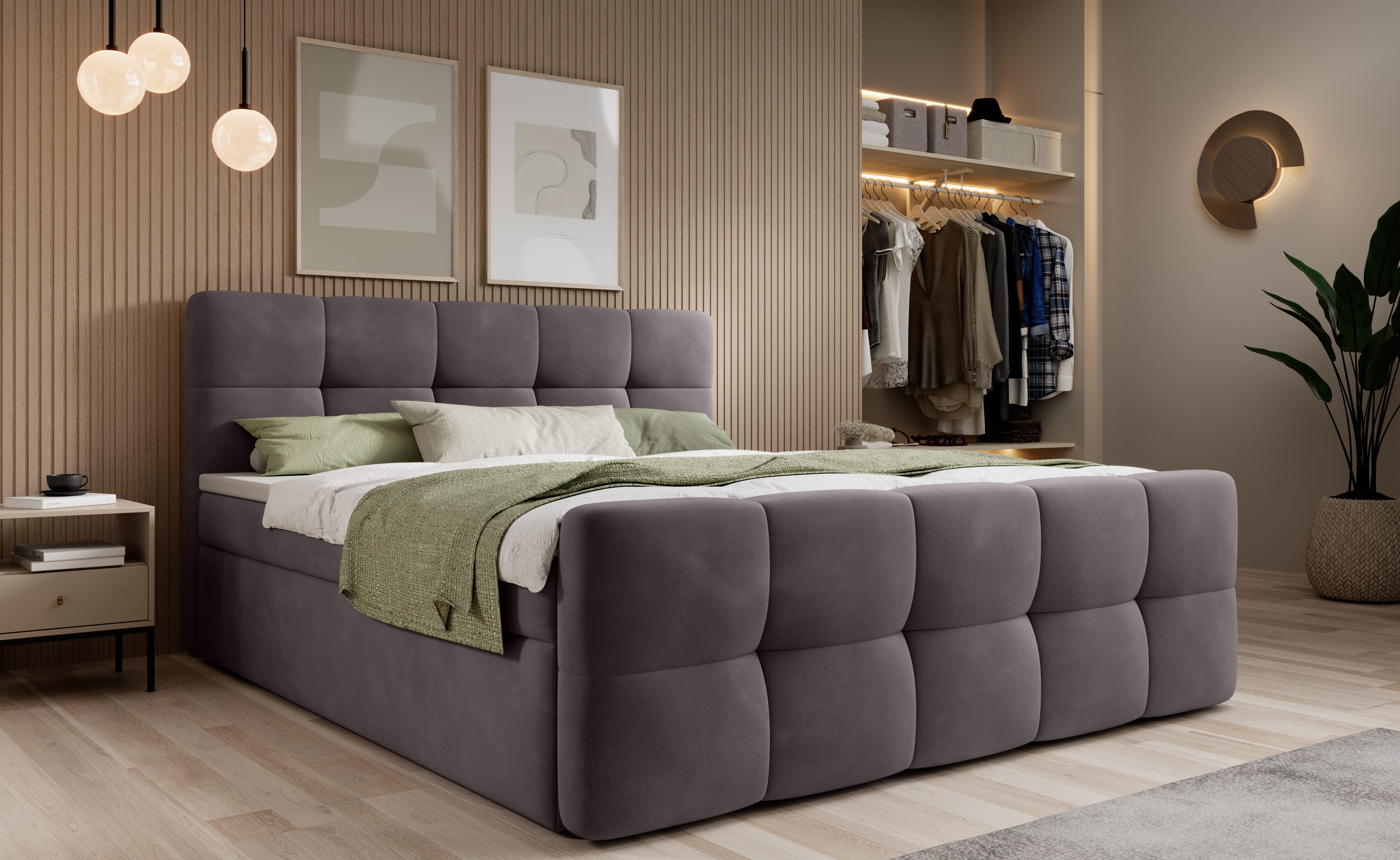 thematys Boxspringbett mit Bettkasten 140x200–200x200 cm – Velours oder Bouclé Bezug – (Polsterbett Bonnellfederkern Matratze H3 + Gratis 3cm Topper, Luxus Doppelbett mit Stauraum)