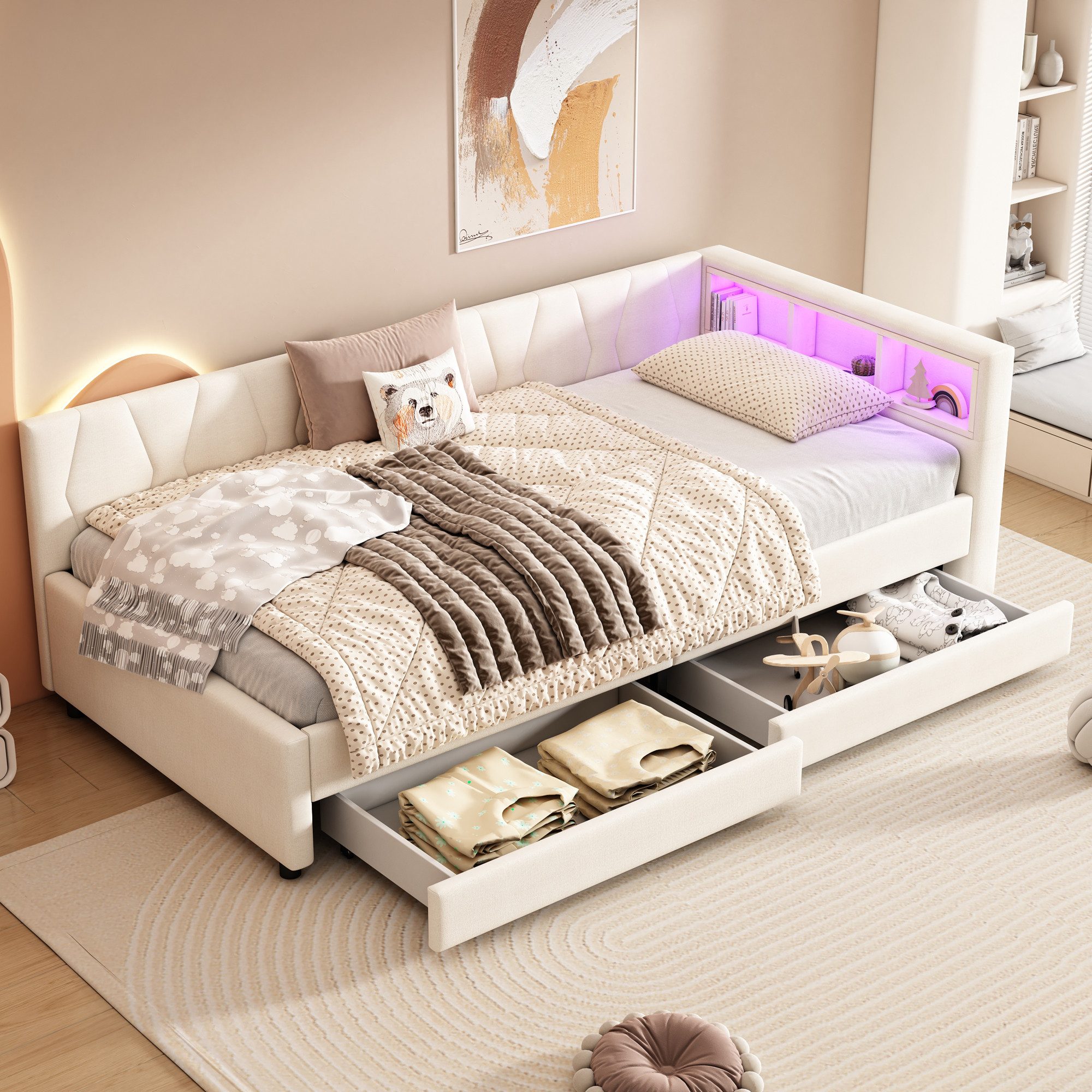 SOFTWEARY Stauraumbett Schlafsofa mit LED-Beleuchtung und Schubladen (90x200cm, mit Lattenrost und USB/Typ-C Anschlüssen), Polsterbett, Einzelbett, Leinen