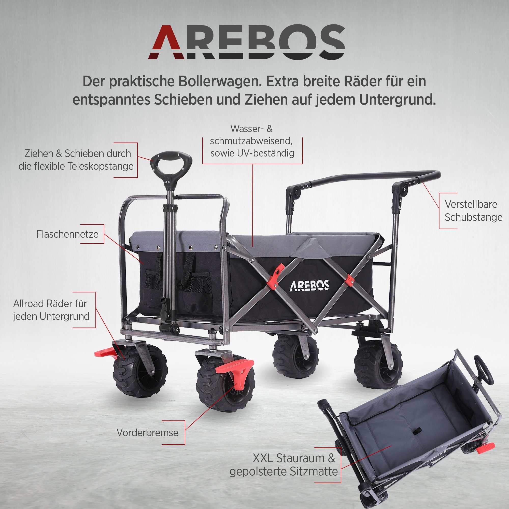 Arebos Bollerwagen Faltbarer Handwagen mit Dach – Transportkarre für Garten & Freizeit, PU-Räder und verstellbaren Griff