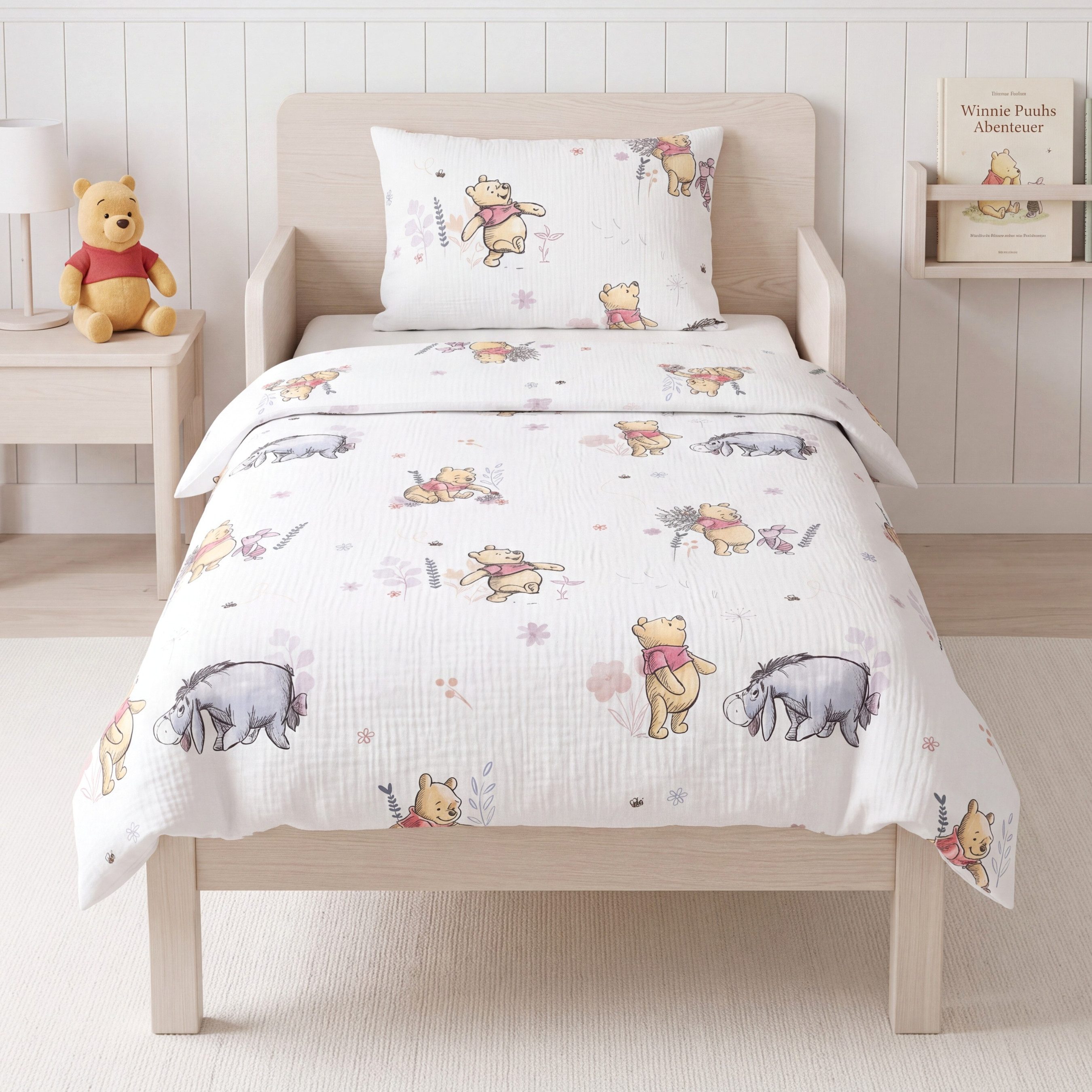 MTOnlinehandel Babybettwäsche Disney Winnie Pooh 100x135 cm Musselin, 100% Baumwolle, 2 teilig, TRAUMFREUNDE – Kleinkinderbettwäsche mit …