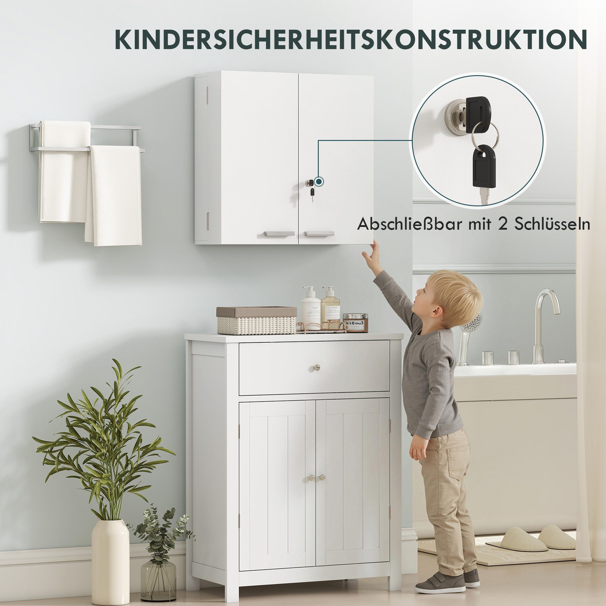 HOMCOM Medizinschrank Medizinschrank abschließbar 2-türig Medikamentenschrank (Medikamentenschrank, 1-St., Arzneischrank) für Medikamente, 53 x 20 x 53 cm, Weiß – Bild 5 von 5