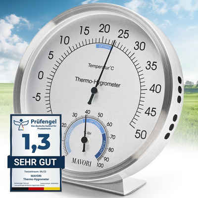 MAVORI Raumthermometer und Hygrometer analog aus Edelstahl - präzise und stilvoll - Ø 12,5cm, batteriefreier Betrieb (Bi-Metall)