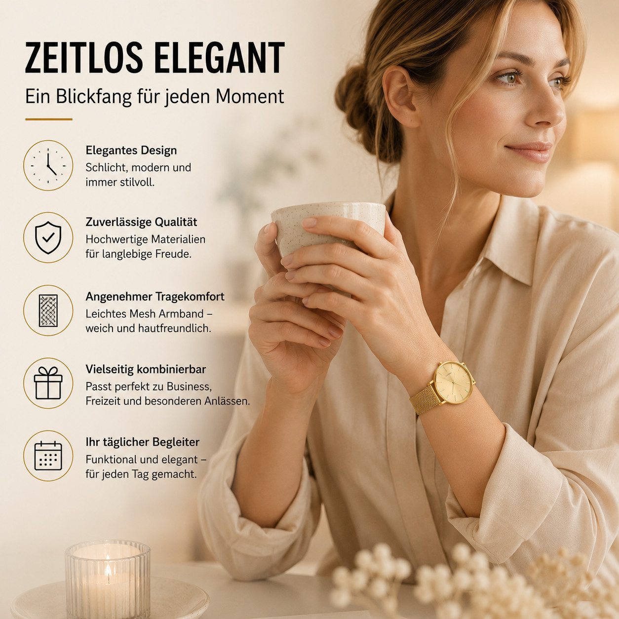 Forrlite Quarzuhr Minimalistische Damen Armbanduhr, (Goldfarbenes Edelstahl-Mesharmband, Präzises Quarzwerk, Eleganter Business- und Freizeitstil)