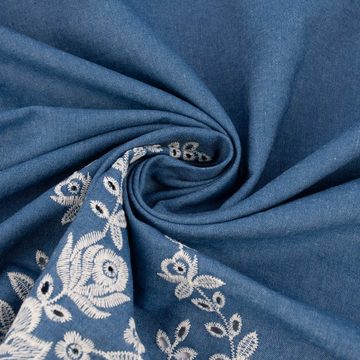 SCHÖNER LEBEN. Stoff Jeansstoff Stickerei Bogenkante floral blau ecru 1,40m Breite