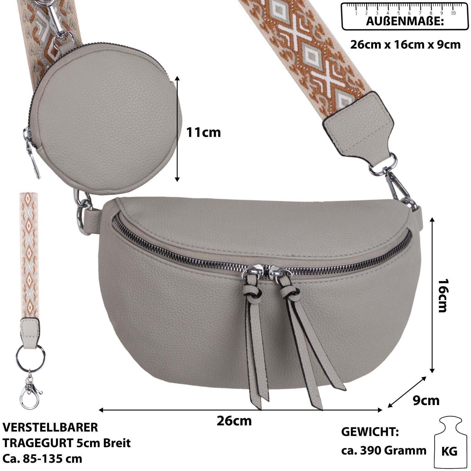 Umhängetasche Umhängetasche Kunstleder Italy-D, Bauchtasche Gürteltasche als EAAKIE tragbar L.GREY Hüfttasche CrossOver, Schultertasche, Crossbody-Bag