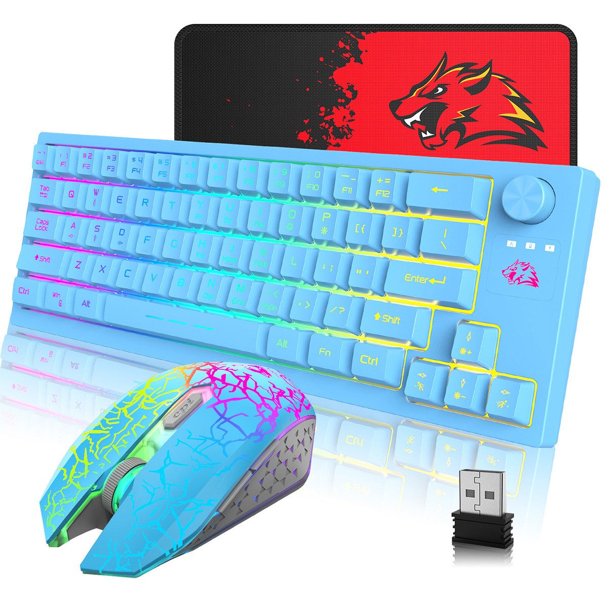 RGB Tastatur-Maus-Set kabellos, 64 Tasten, 2400 DPI, 4000mAh, Blau Tastatur- und Maus-Set