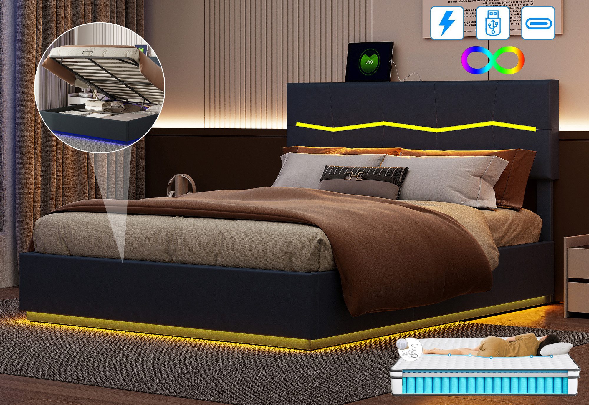 FUROKOY Polsterbett Doppelbett Stauraumbett mit USB+Type günstig online kaufen