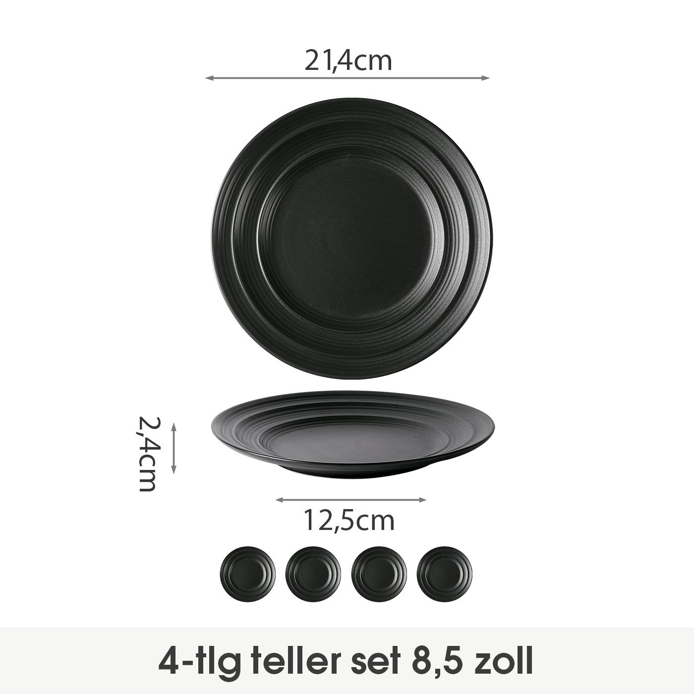 JIWOO Teller 4er Ø21,4cm, Salatteller Frühstücksteller Pastateller Dessertteller, (4 St), Keramik Hochwertiges Tellerset Schwarz Mikrowellen spülmaschinenfest
