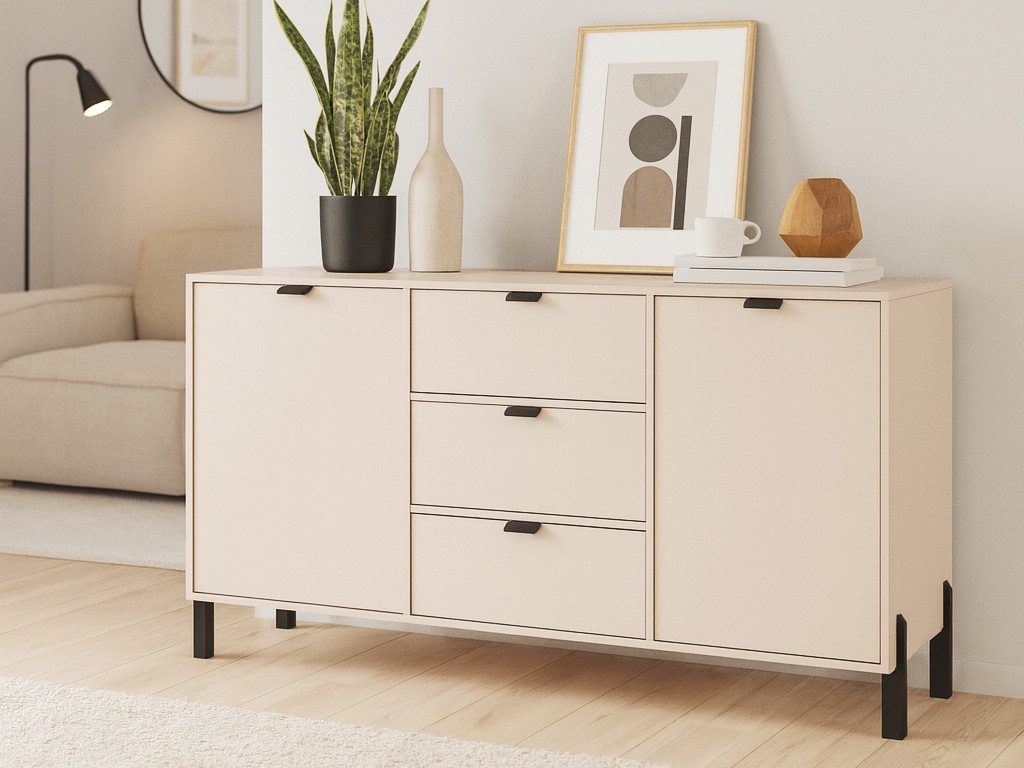 Beautysofa Kommode CORTINA Sideboard mit 2 Türen und 3 Schubladen (mit Metallgriffen und Füßen, Farbe Sandbeige), Breite: 160 cm