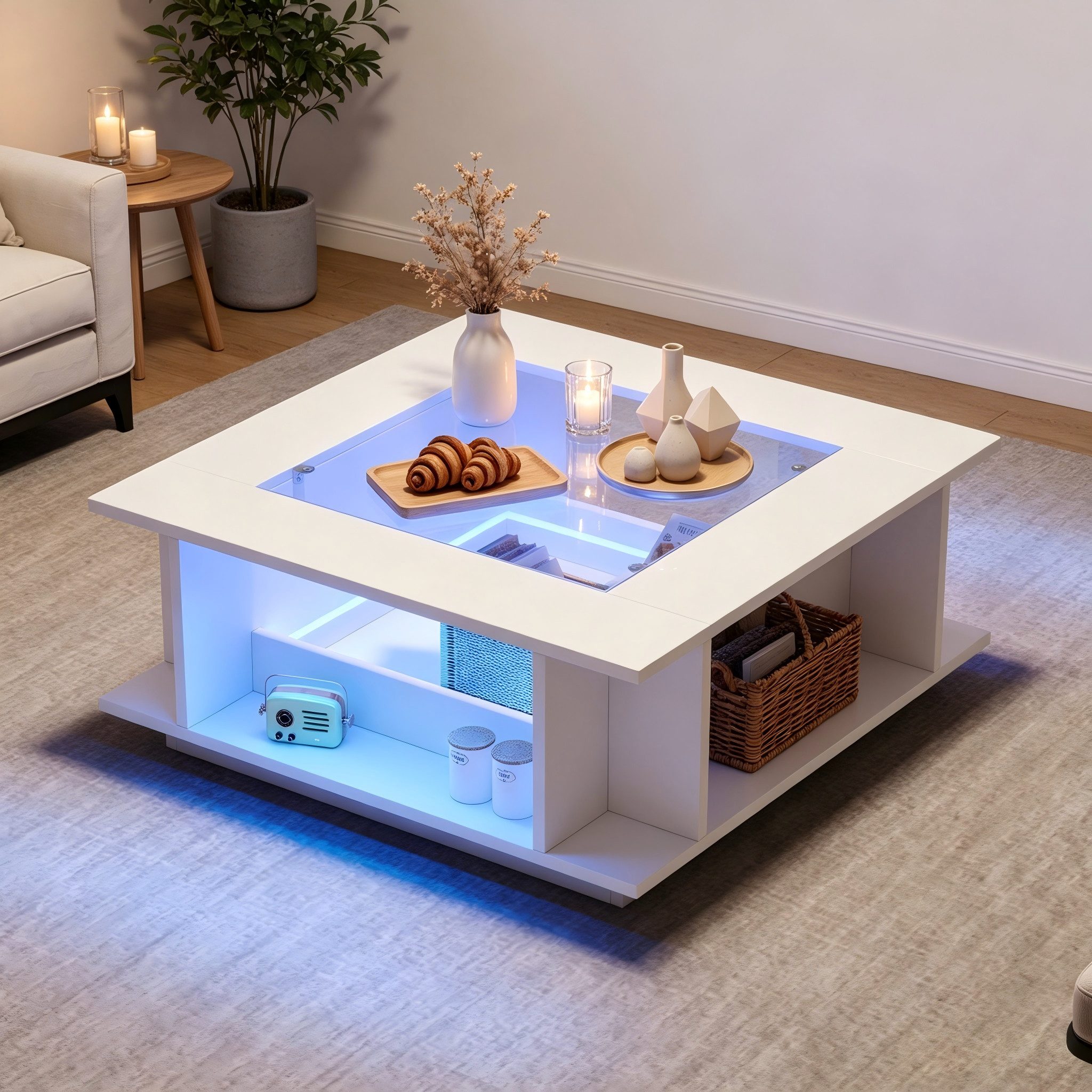 STILVORA Couchtisch in Weiß Wohnzimmersofa Sofatisch mit LED-Beleuchtung (Glasplatte, Hochglanzoberfläche, LED, 70×70×30cm, Weiß, Spanplatte, offene Fächer, Stauraum, belastbar bis 30kg), für Wohnzimmer, Lounge, Apartment, moderne Wohnbereiche