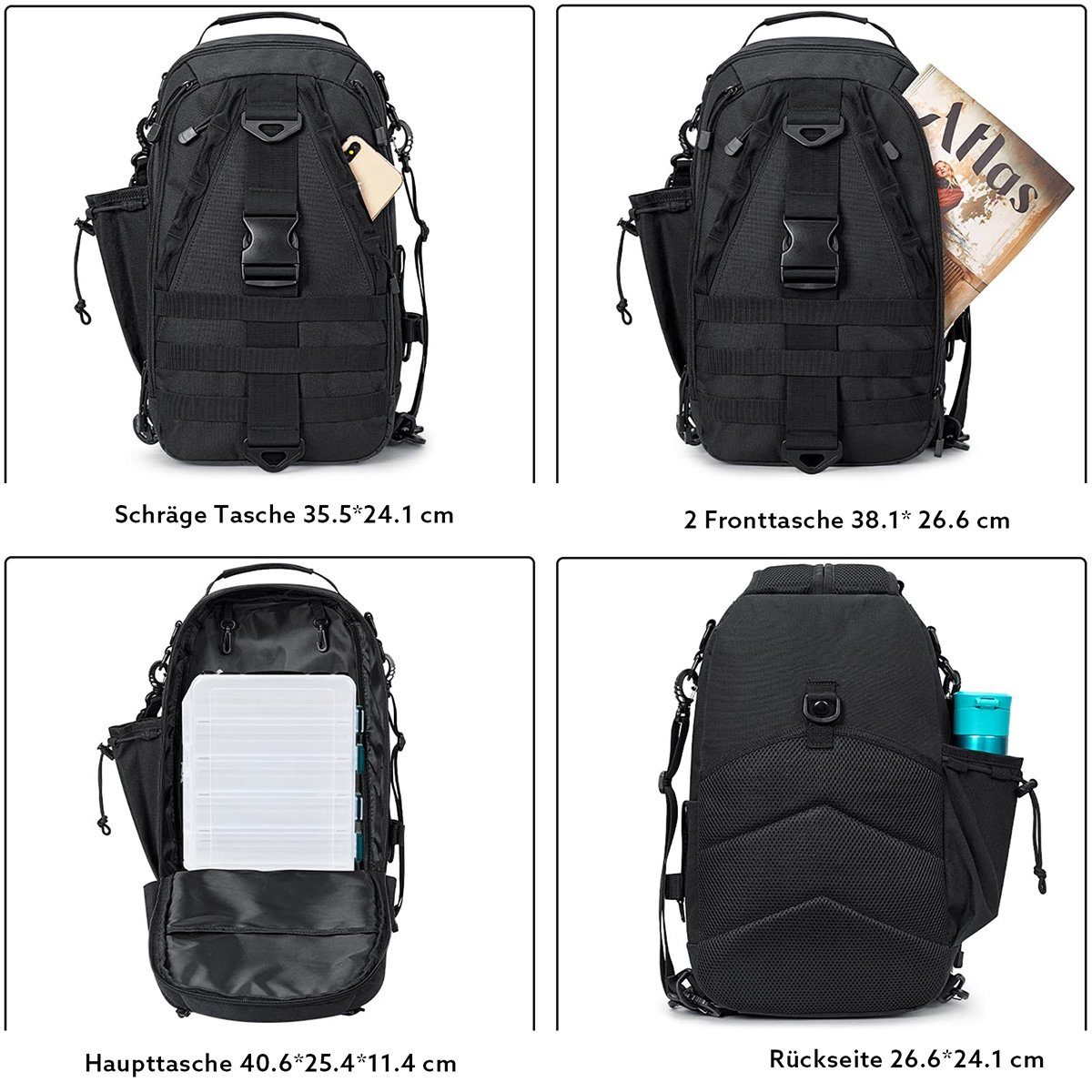 G4Free Angelrucksack OTGFTN21B004, Angelausrüstungs-Rucksack, Aufbewahrungstasche für Outdoor-Aktivitäten, Schulter-Rucksack, Angelausrüstung. Schwarz