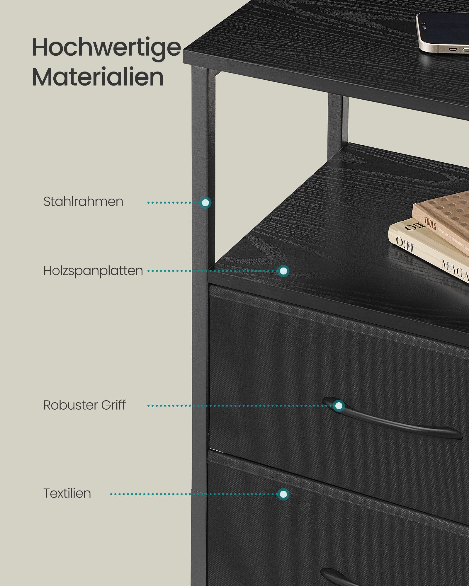 SONGMICS Nachttisch, mit Ladestation, Beistelltisch mit App-gesteuerter, LED-Beleuchtung