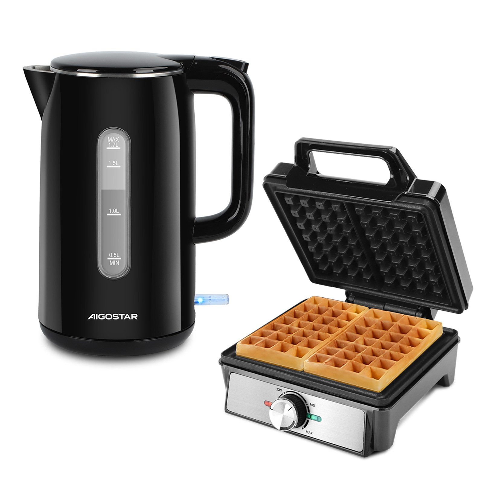 Aigostar Frühstücks-Set Edelstahl Doppelwand Wasserkocher 1.7L 2200W/ Waffeleisen 1600W, Cool-Touch, Doppelwand Design, 4 Minuten Schnell auf 100°C, BPA Frei