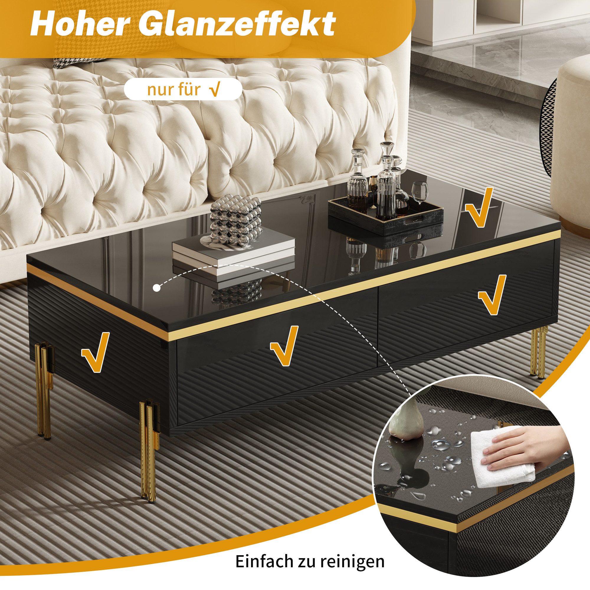 Merax Couchtisch hochglanz Sofatisch Beistelltisch mit goldenen Zierelementen (1-St), Wohnzimmertisch mit Doppelschubladen und Metallbeinen, 100x50x36cm – Bild 5 von 5