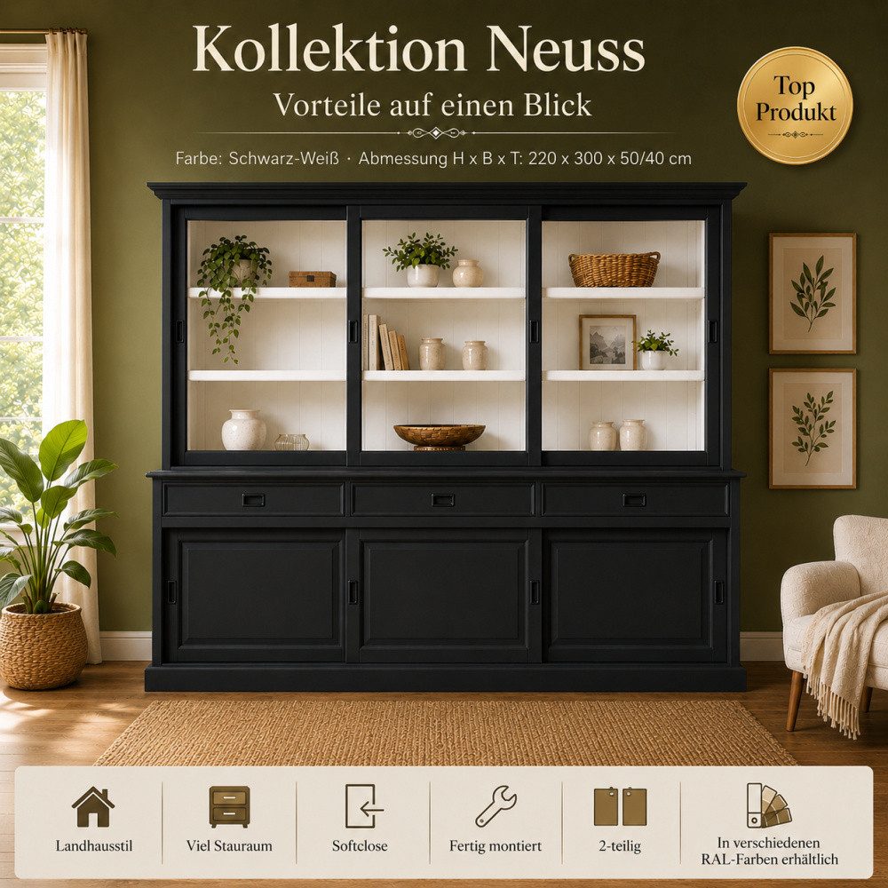 Wohnpalast Vitrine Vitrinenschrank Neuss 300 cm schwarz-weiß, Vitrine