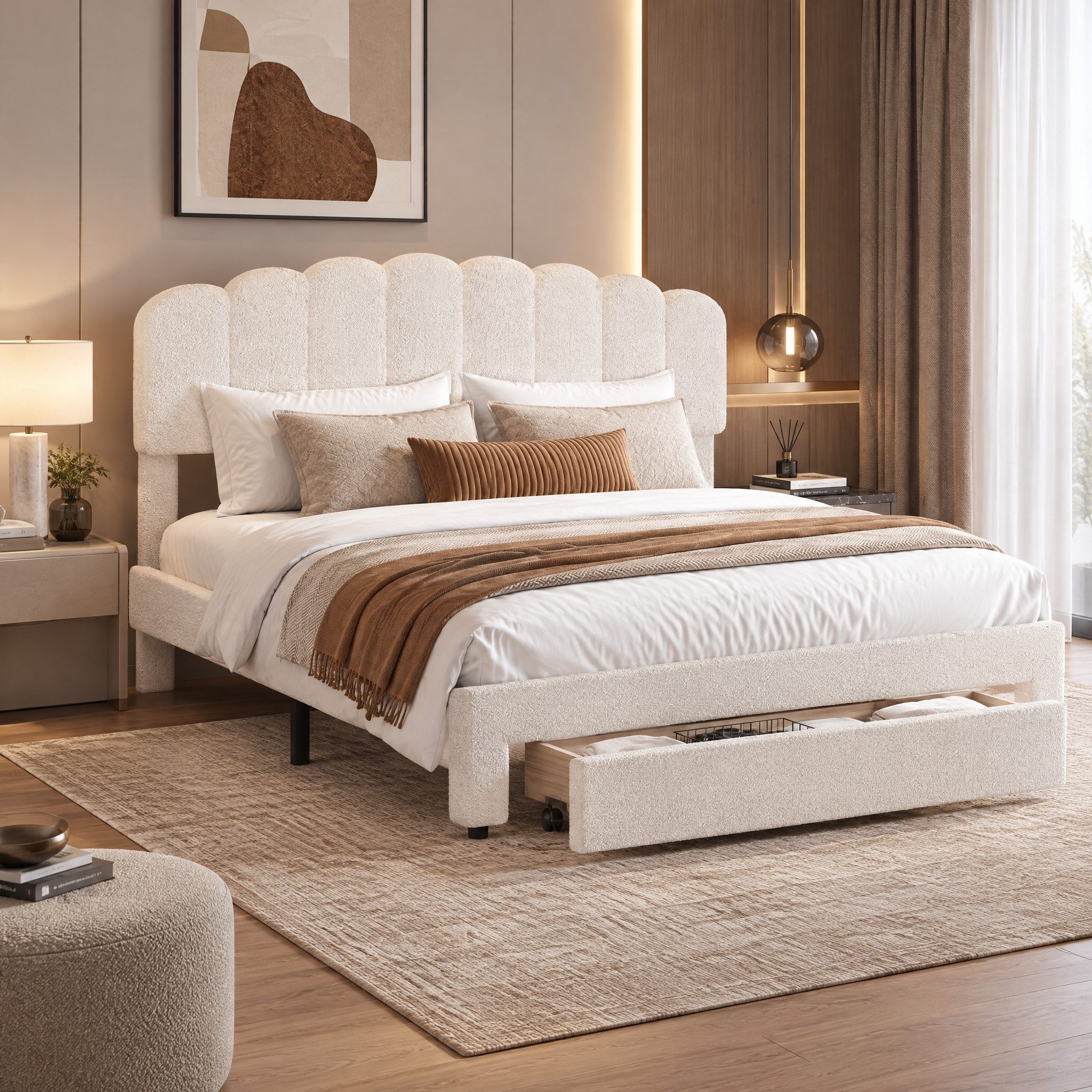 Simurq Polsterbett 140x200 cm Doppelbett Stauraumbett Jugendbett, Teddy Samt Bett Mit USB (Mit USB-C-Ladefunktion), mit gepolstertem Kopfteil