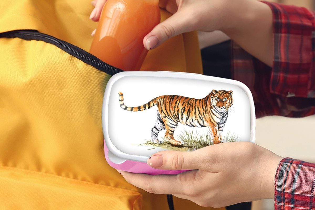 Brotdose Kunststoff (2-tlg), Brotbox für Gras Mädchen, rosa Lunchbox Weiß, Erwachsene, - Snackbox, Kinder, MuchoWow Kunststoff, - Tiger