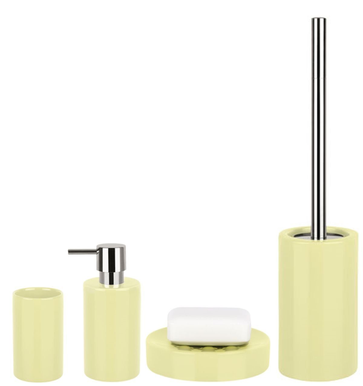 spirella Badaccessoires-Sets TUBE, Zubehör-Set aus hochwertiger Keramik, 4 tlg., bestehend aus: WC-Bürste, Seifenspender 300 ml, Zahnputzbecher, Seifenschale, elegante Glanz-Optik, gelb, Komplett-Set Badezimmerzubehör, 4 tlg., 4-tlg., Zubehör-Set aus hochwertiger Keramik, elegante Glanz-Optik, gelb