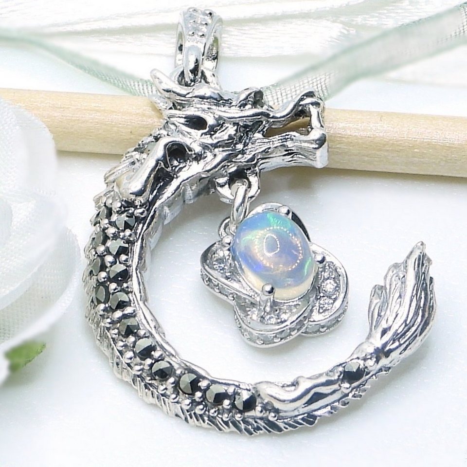 Goldene Hufeisen Kettenanhänger Drache Dragon Edelopal und Markasiten Anhänger  925 Silber Rhodiniert, Edelsteinschmuck