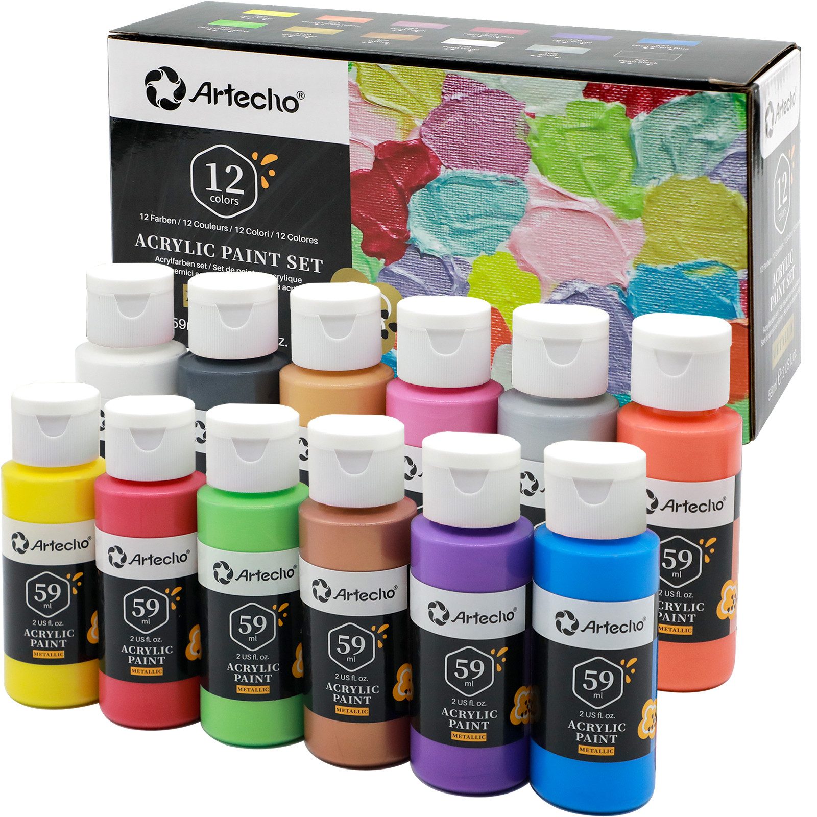 Artecho Acrylfarbe 12 x Metallic Acrylfarben, je 59 ml Flaschen mit Klappverschluss, für Papier, Ton, Holz, Steine – zum Reisen, Malen & Freude verschenken