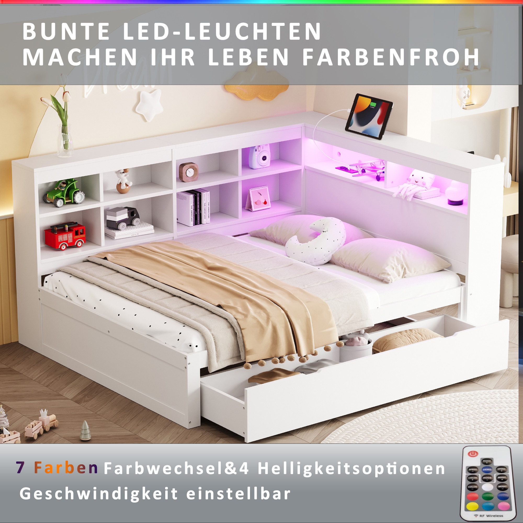 Flieks Massivholzbett, LED Doppelbett 140x200cm mit Stauraum, USB-Aufladen und Schublade – Bild 4 von 5