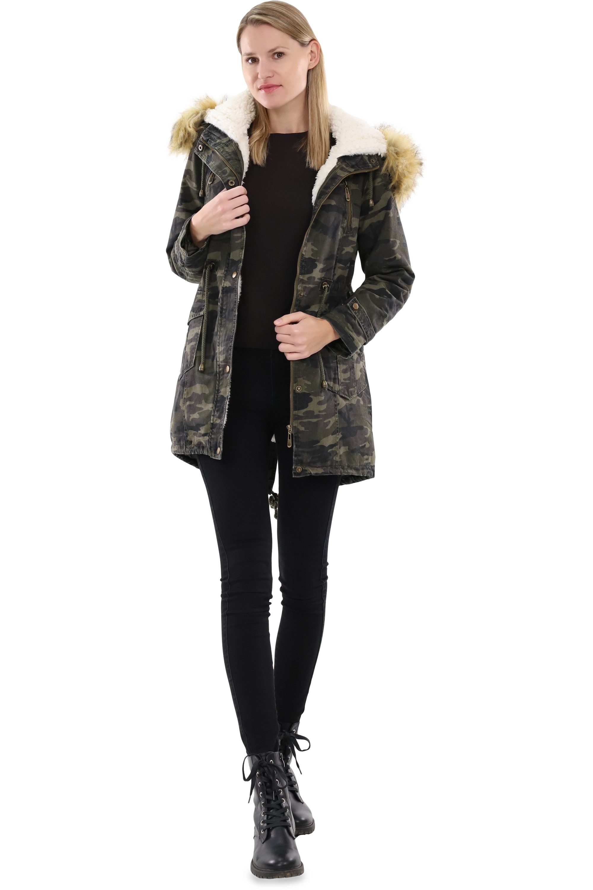 malito more than fashion Parka malito Damen Parka mit Kapuze, Winterjacke mit Kunstfell, gefütterte Winterjacke in Camouflage Military-Look mit Teddyfell
