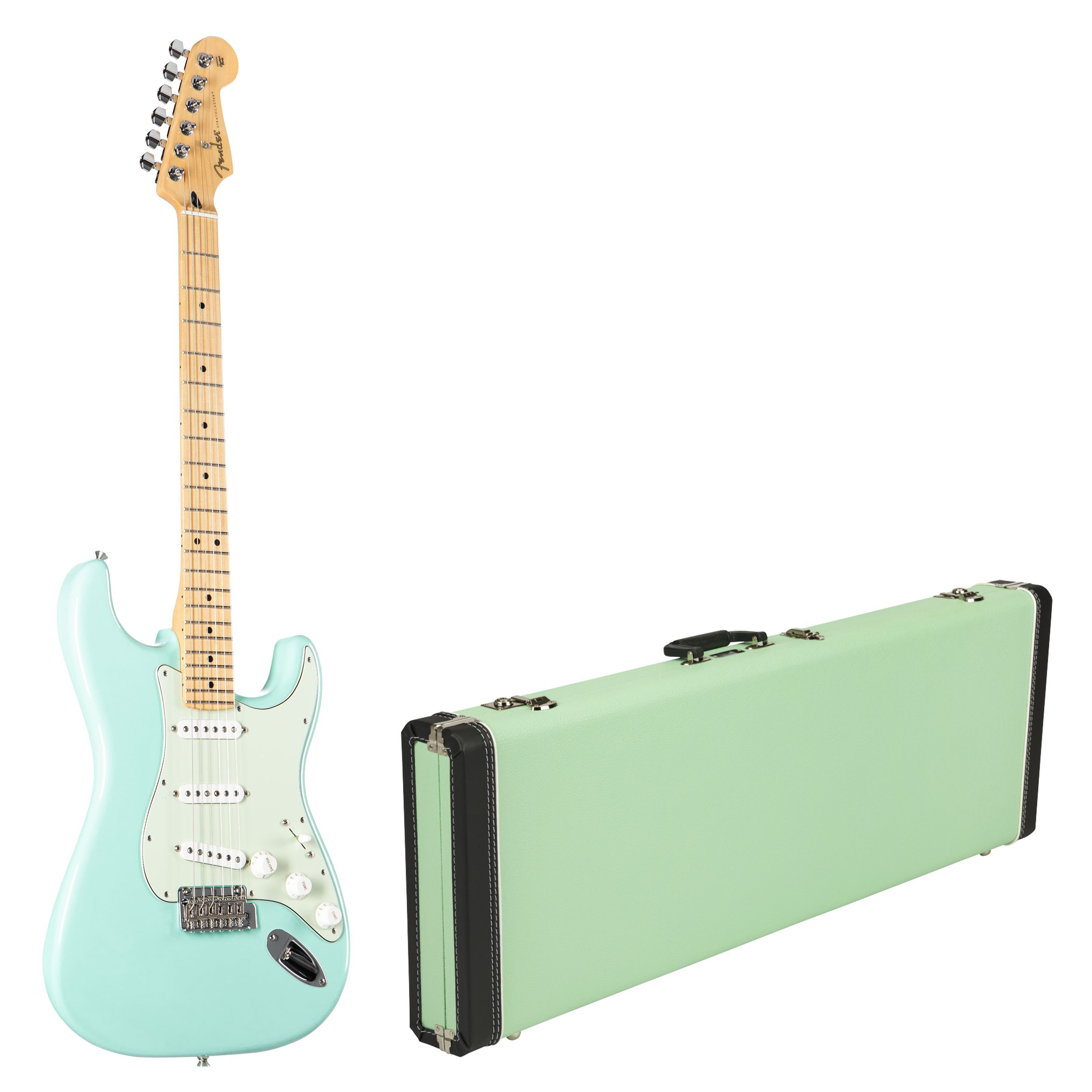 Fender E-Gitarre, Player Stratocaster E-Gitarre Surf Green Vintage Series Case Erle Korpus Ahorn Hals Alnico 5 Tonabnehmer 2-Punkt Tremolo Nickel/Chrom Hardware, E-Gitarren, E-Gitarren-Sets, LTD Player Strat SFG & Case 1 - E-Gitarren Anfänger Set