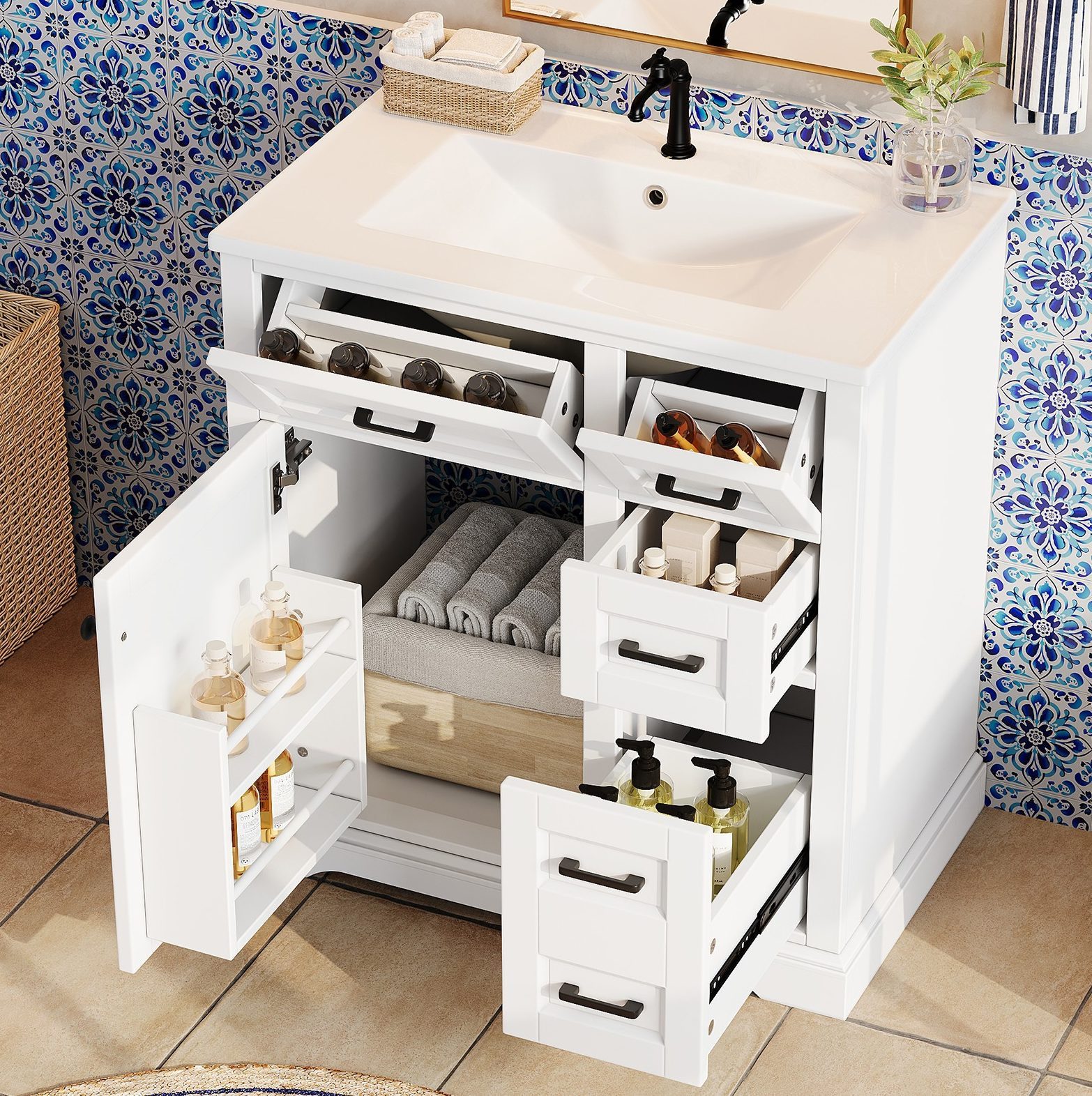 OKWISH Waschbeckenunterschrank Badezimmerschrank Badmöbel (mit Keramikwaschbecken, Soft-Close-Türen und zweistufigem Seitenauszug, bodenstehender, Badschrank mit praktischem Türregal)