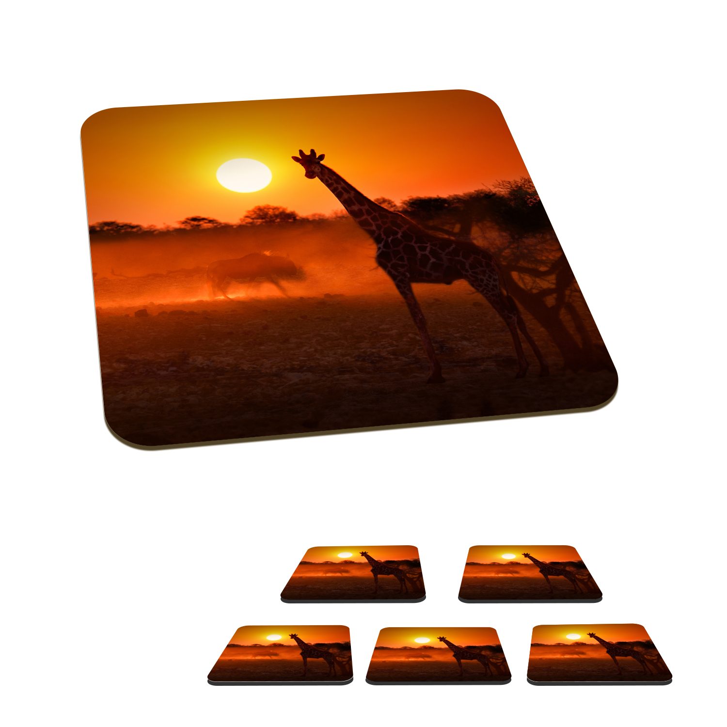 MuchoWow Glasuntersetzer Giraffe - Sonne - Savanne, Zubehör für Gläser, 6-tlg., Glasuntersetzer, Tischuntersetzer, Korkuntersetzer, Untersetzer, Tasse