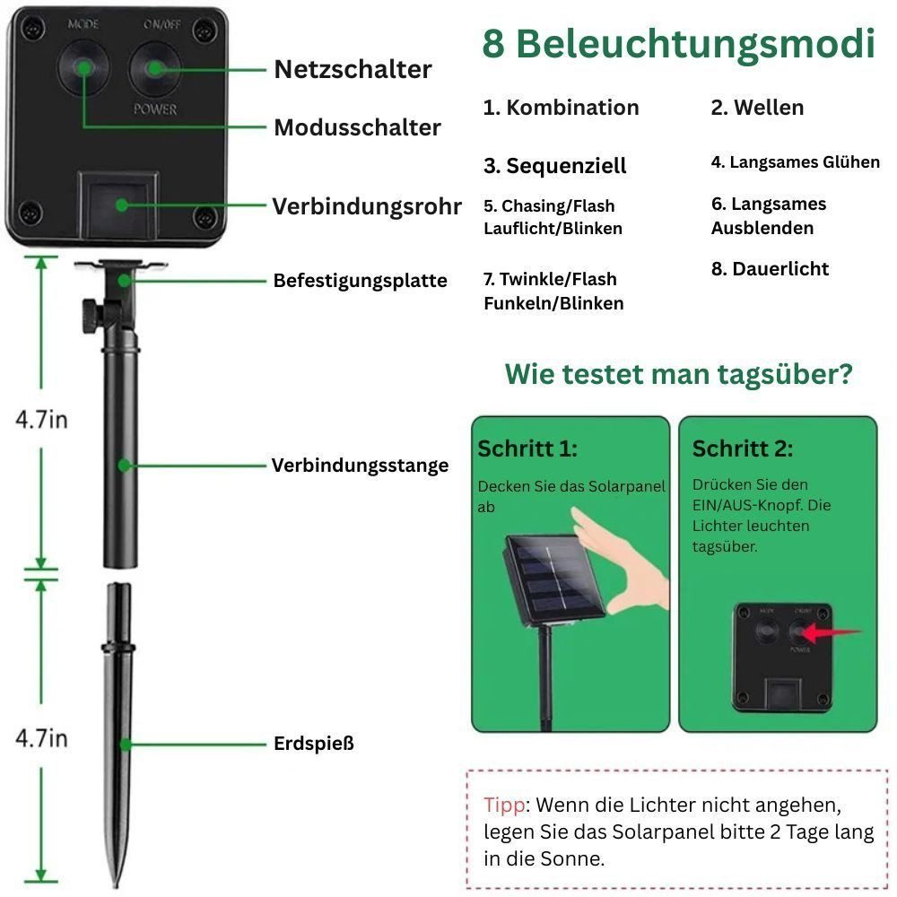 Montegoni LED-Lichterkette Solarleuchte Kugel Lichterkette Außen warmweiß Gartenleuchte, Solarbetrieben, Wasserdicht, 8 Modi, Energiesparend, Automatisch