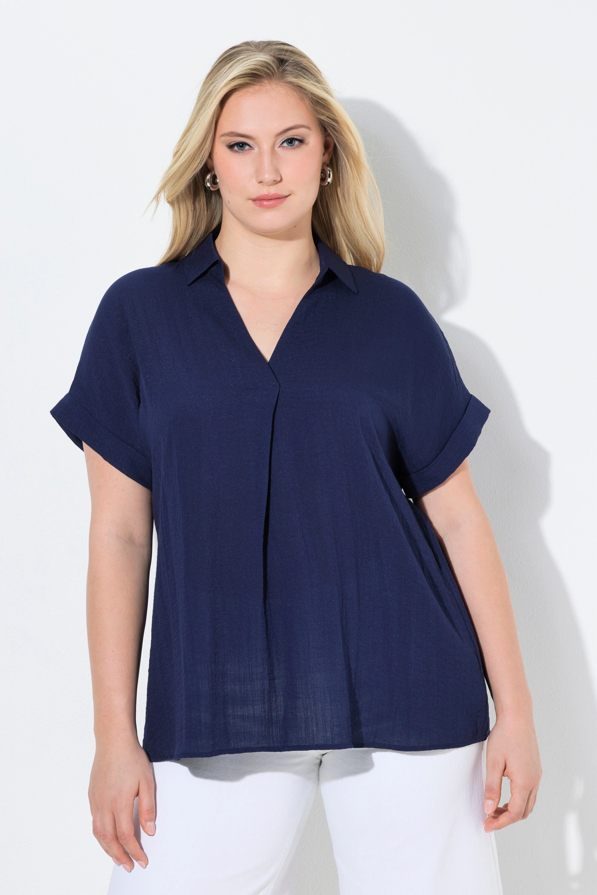 Ulla Popken Tunika Bluse Rücken-Knöpfe Oversized Zierfalte Halbarm