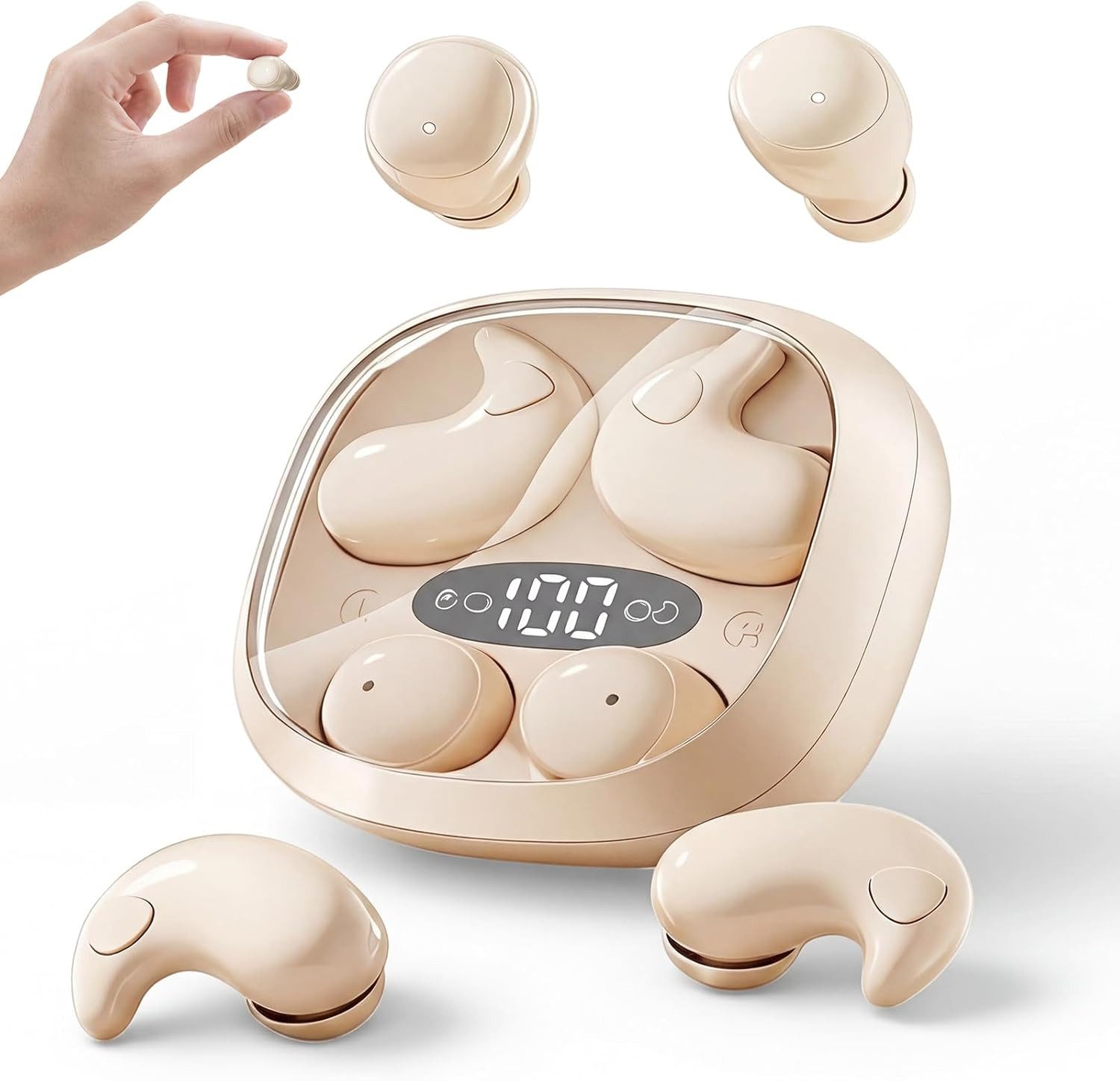 Futicare Schlafkopfhörer, 2-in-1 Mini In-Ear Kopfhörer Bluetooth-Kopfhörer (für Seitenschläfer & kleine Ohren, 2 Ohrhörer-Paare im Ladecase, 36 Std., IPX6, Beige)