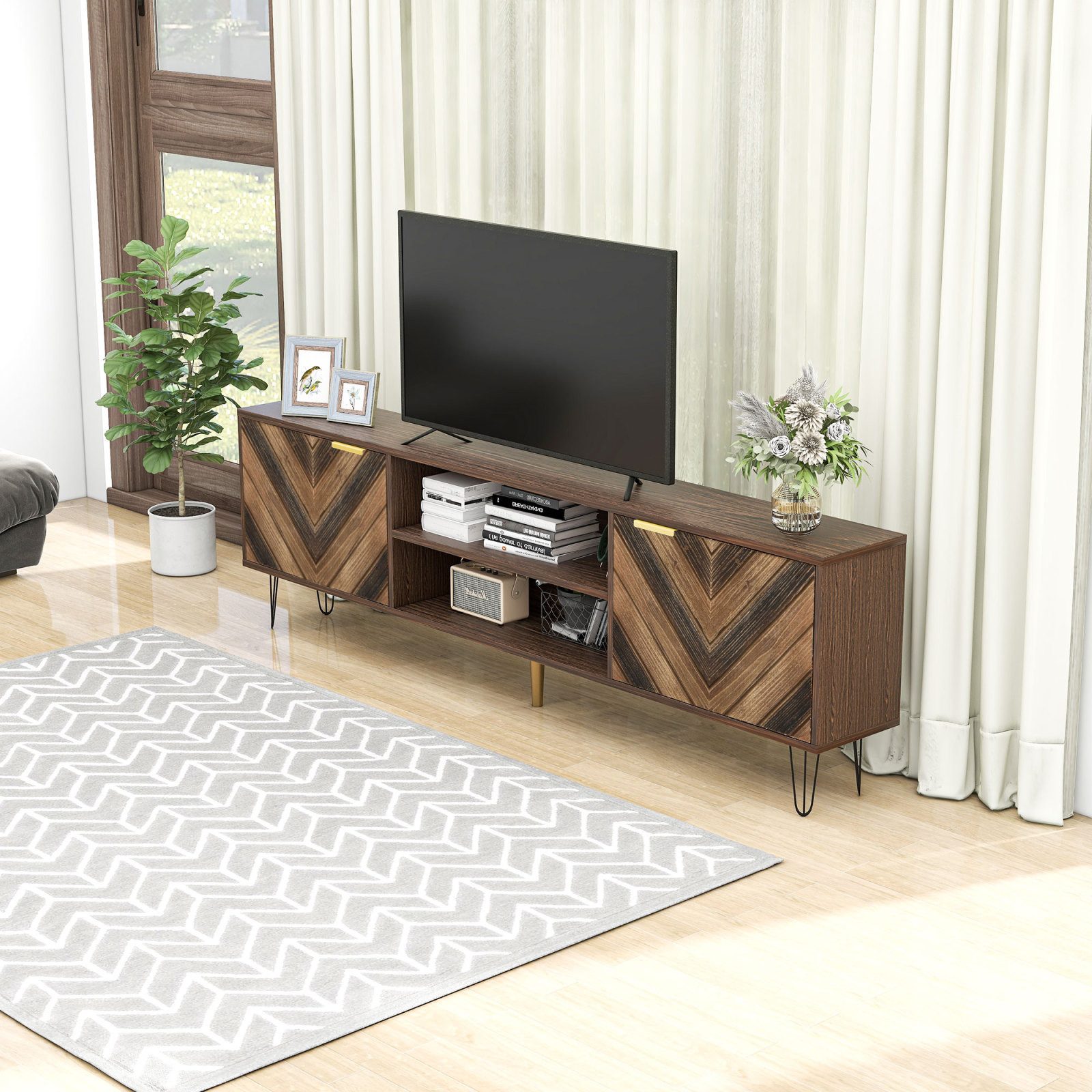 Simurq TV-Schrank TV-Lowboard 155 cm in Holzoptik (Goldfarbene Griffe, modernen Stil) Moderner TV-Schrank,3 Bogenfächer, Weiß und Natur – Bild 2 von 5