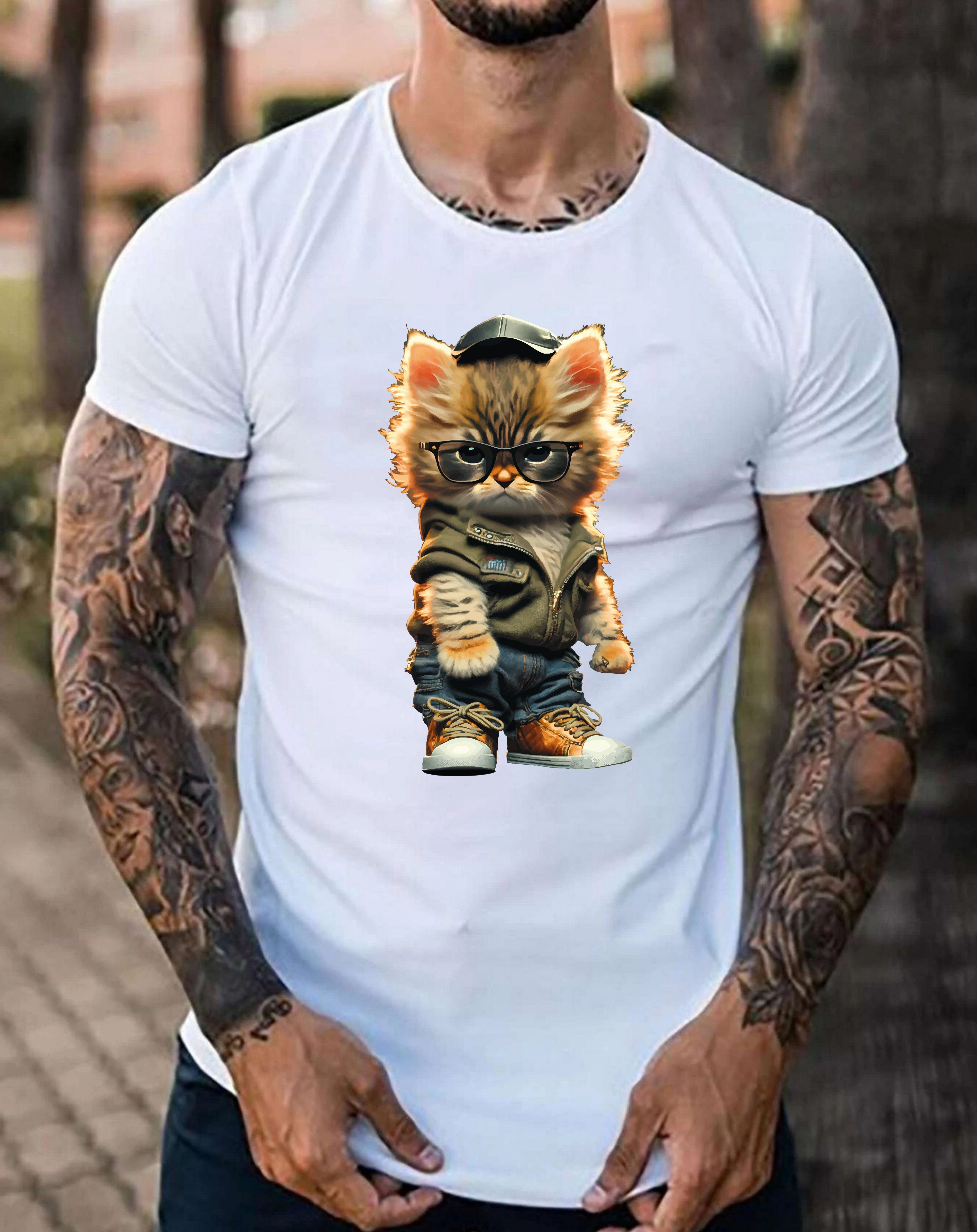 RMK T-Shirt in Baumwolle, mit Unifarbe, aus Gangster süße Rundhals Weiß_1 Basic Herren Cat Katze Rundhalsausschnitt