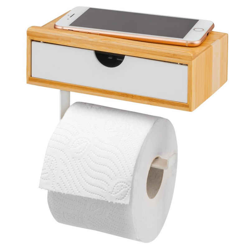 eluno Toilettenpapierhalter 3in1-Funktion, Feuchttücherbox, Ablage, Bambus/Metall, matt