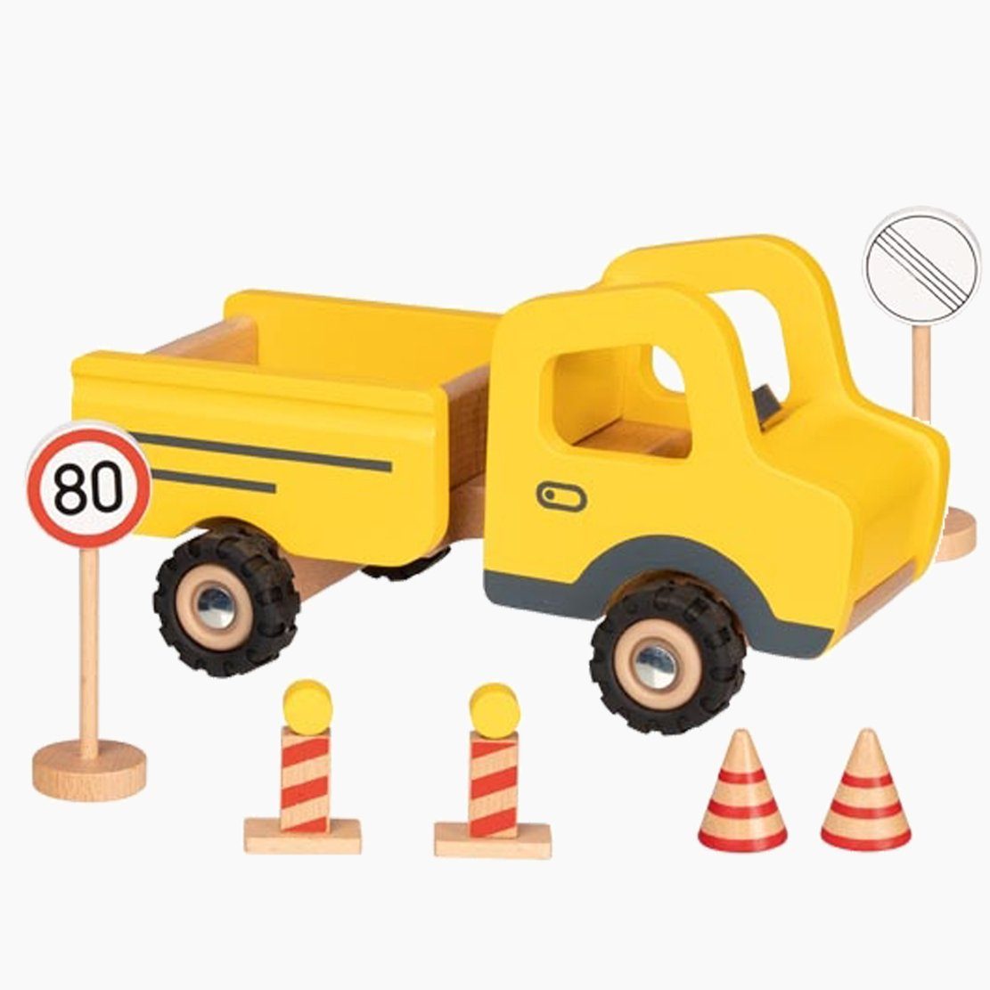 goki Spielzeug-Baumaschine Baustellenfahrzeug GOKI, (Set, 7-tlg., mit Schildern), die ideale Beschäftigung für kleine Bauarbeiter!