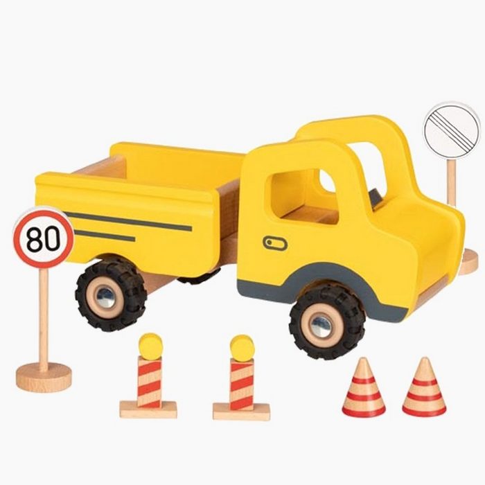 goki Spielzeug-Baumaschine Baustellenfahrzeug GOKI (Set 7-tlg. mit Schildern) die ideale Beschäftigung für kleine Bauarbeiter!