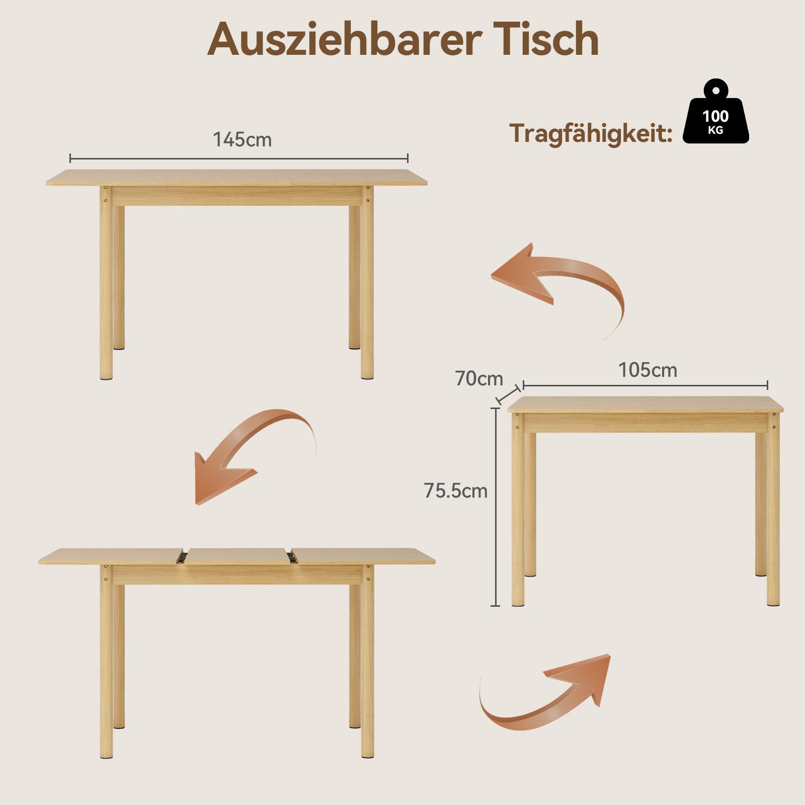 Puluomis Esstisch ausziehbar Massivholz mit Stauraum, 105-145cm verstellbar (für 2-6 Personen, 120kg tragfähig für Wohnzimmer Esszimmer natur) – Bild 3 von 5